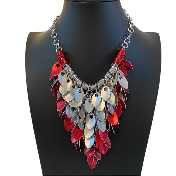 Artisan Designed & Created One of a Kind Red & Silver Bib Statement Necklace - Picture 1 of 5